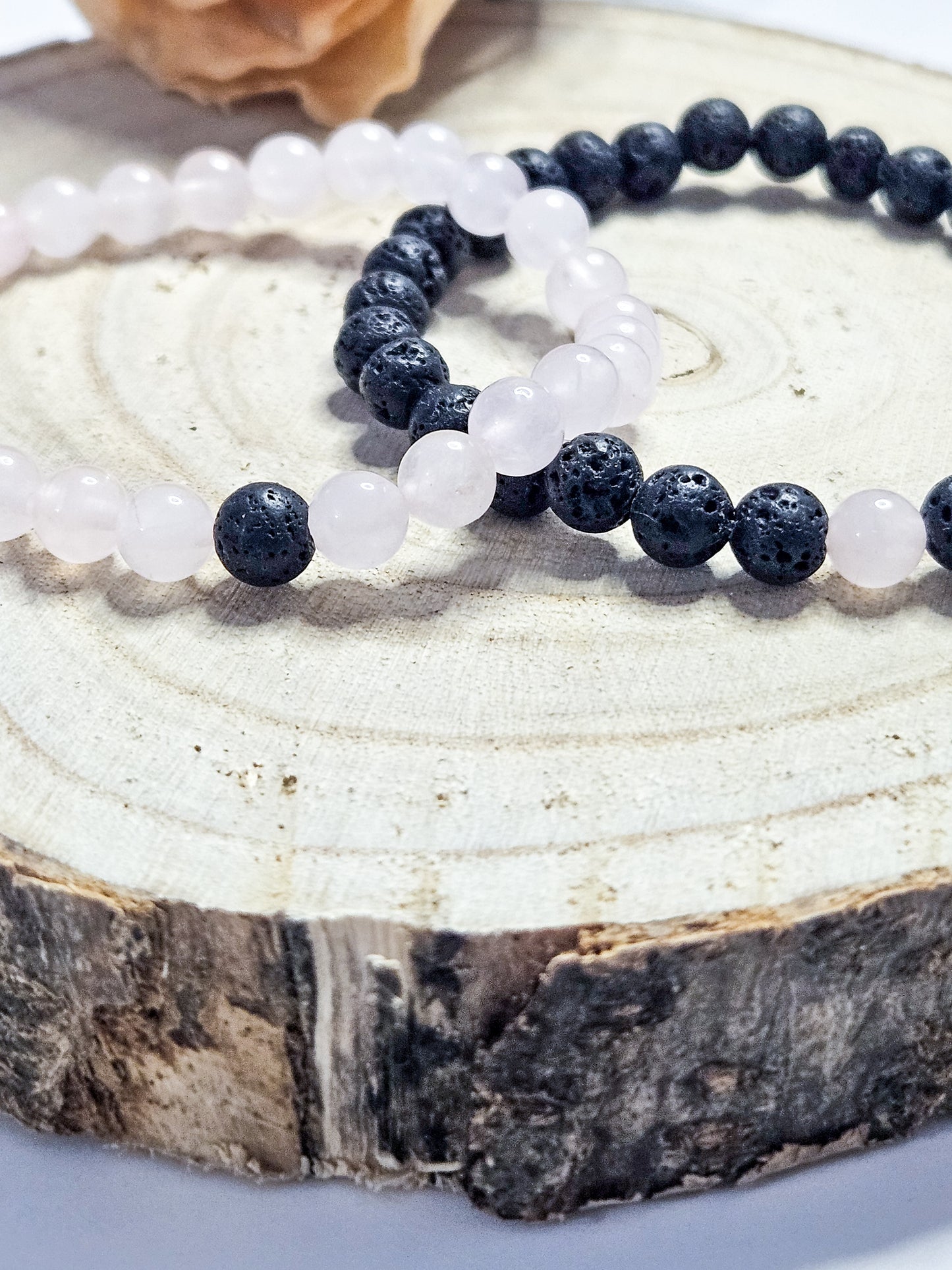 Duo de bracelets couple – Pierre de lave & quartz rose