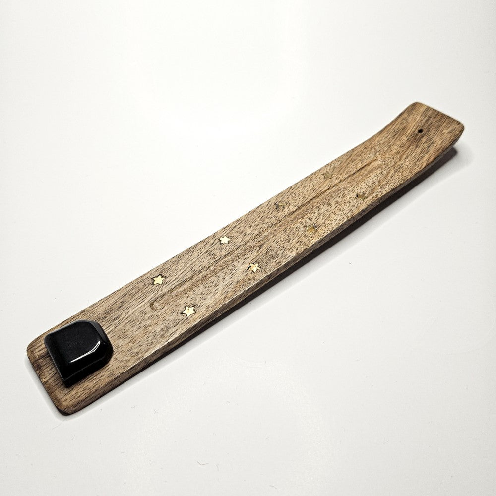 Porte encens en bois avec pierre tourmaline noire