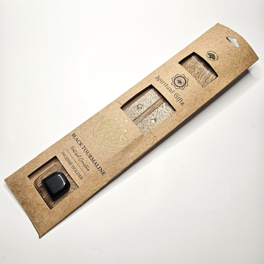 Porte encens en bois avec pierre tourmaline noire