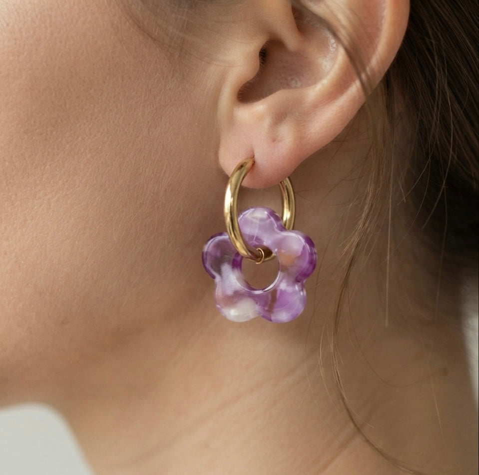 Boucles d'oreilles Marcelline roses fuchsia et orange avec pampille fleur