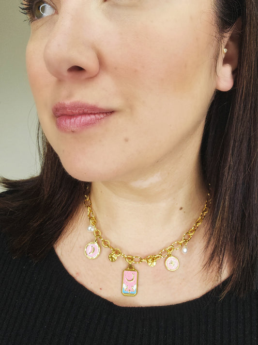 Collier breloques lune Iséa rose