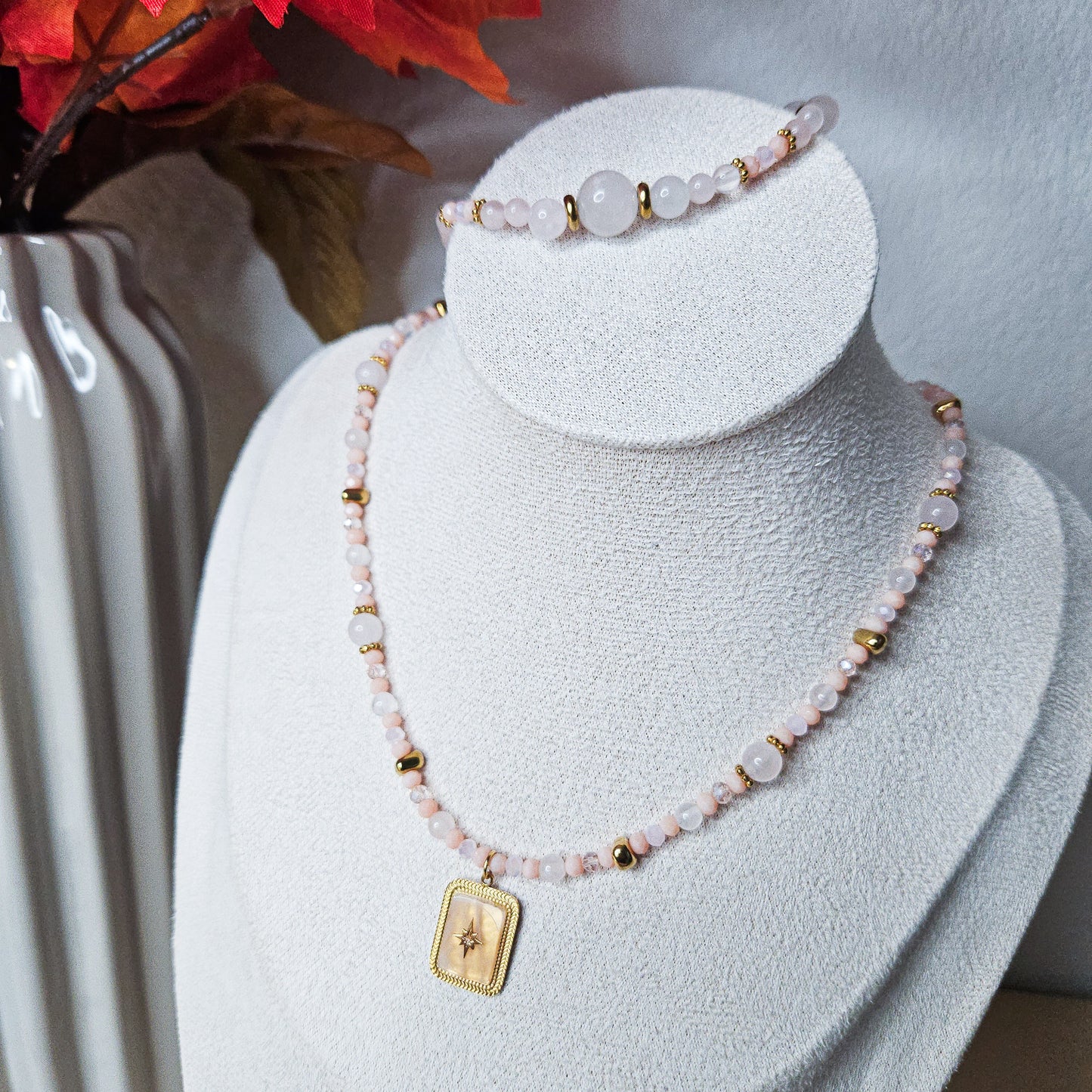 Parure collier + bracelet Roséa en Quartz rose