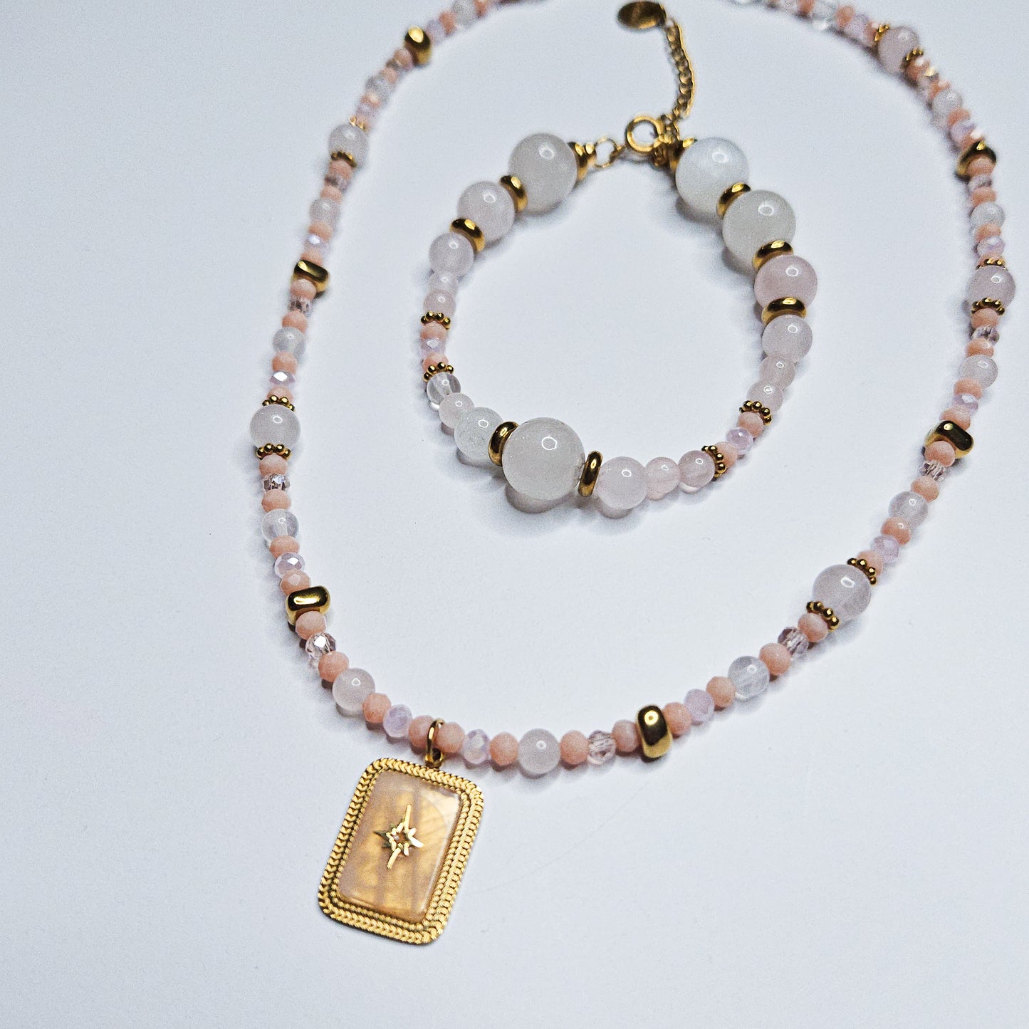 Parure collier + bracelet Roséa en Quartz rose