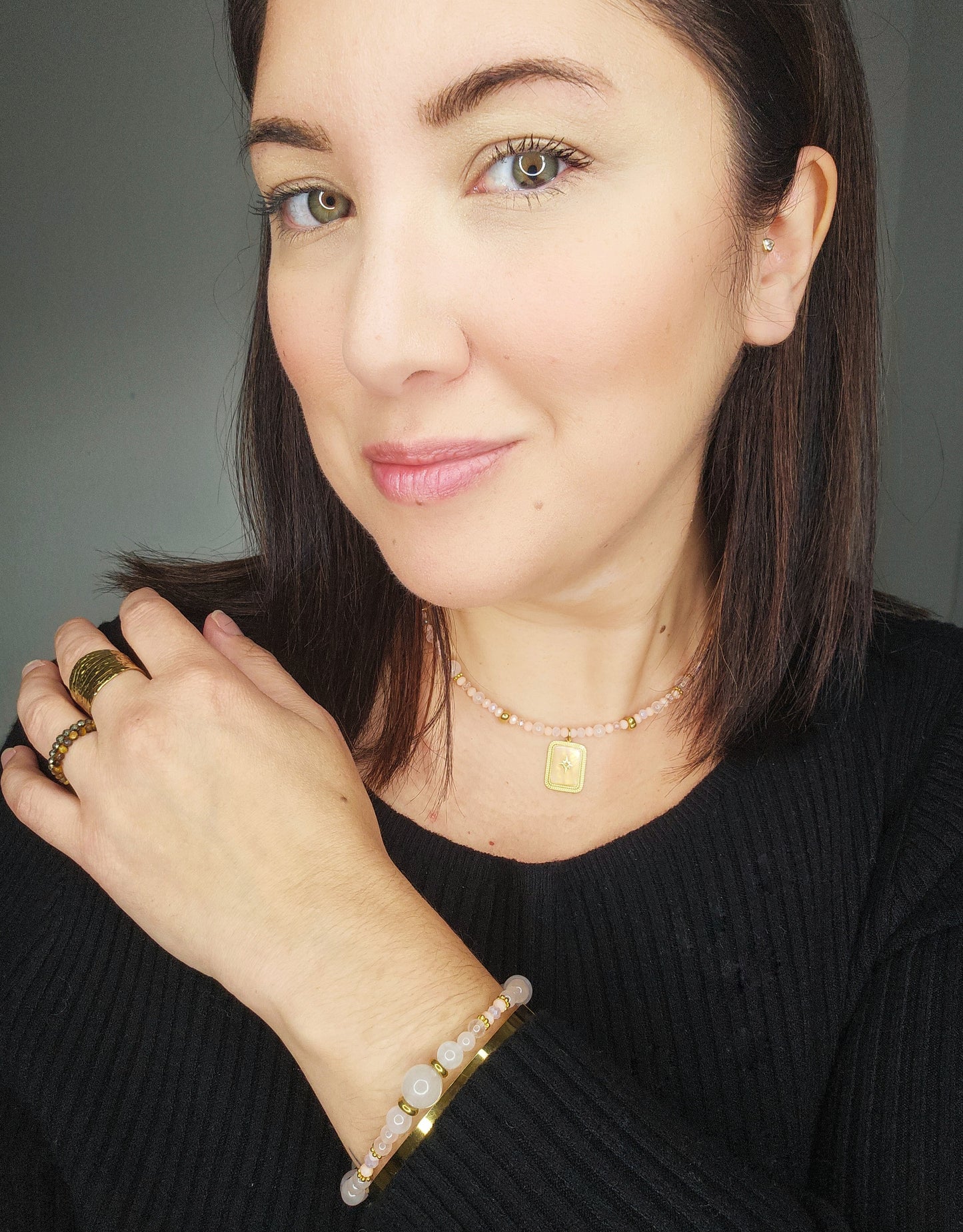 Parure collier + bracelet Roséa en Quartz rose