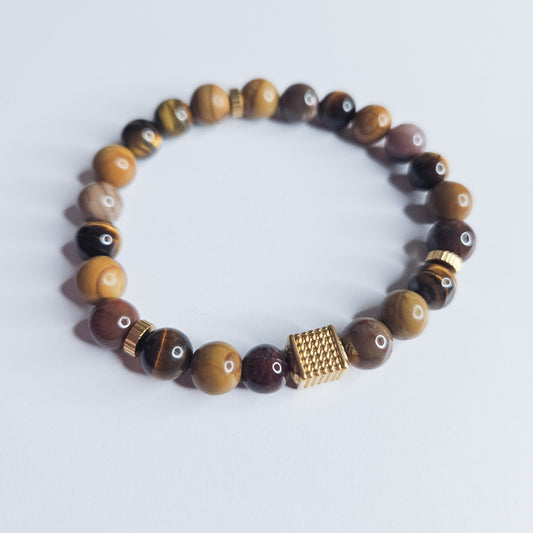 Bracelet homme Œil de tigre – Bois fossile – Agate fossile : protection, stabilité, équilibre