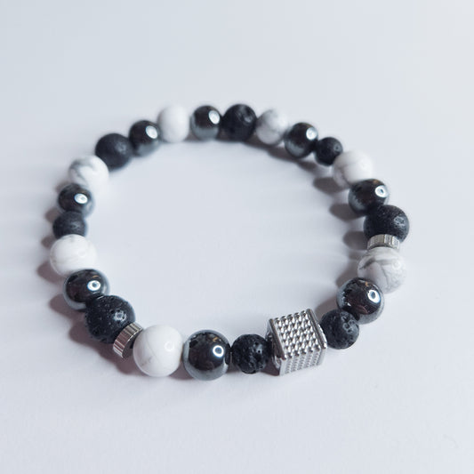 Bracelet homme hématite - howlite - pierre de lave : ancrage, calme, stabilité