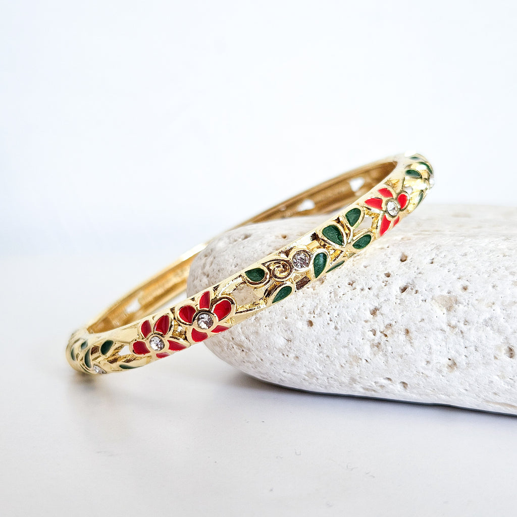 Bracelet jonc Camélia vert et rouge