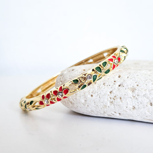 Bracelet jonc Camélia vert et rouge