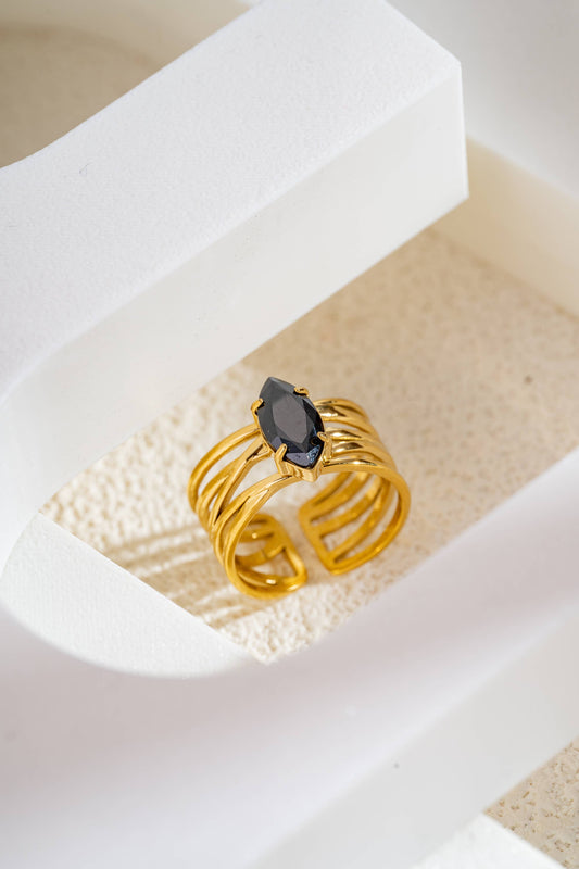 This gold stainless steel ring captivates with its bands.: Noir