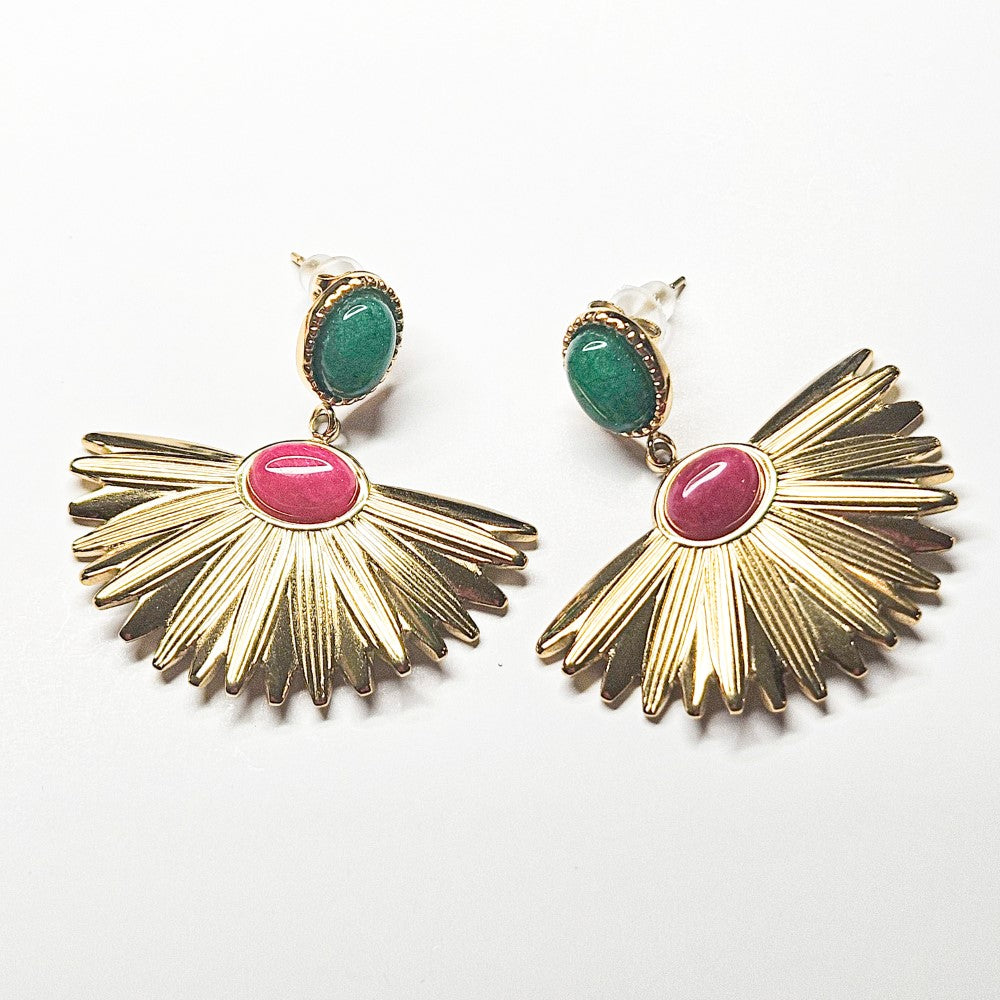 Boucles d'oreilles SIRAH  fleur avec perle verte et fuchsia