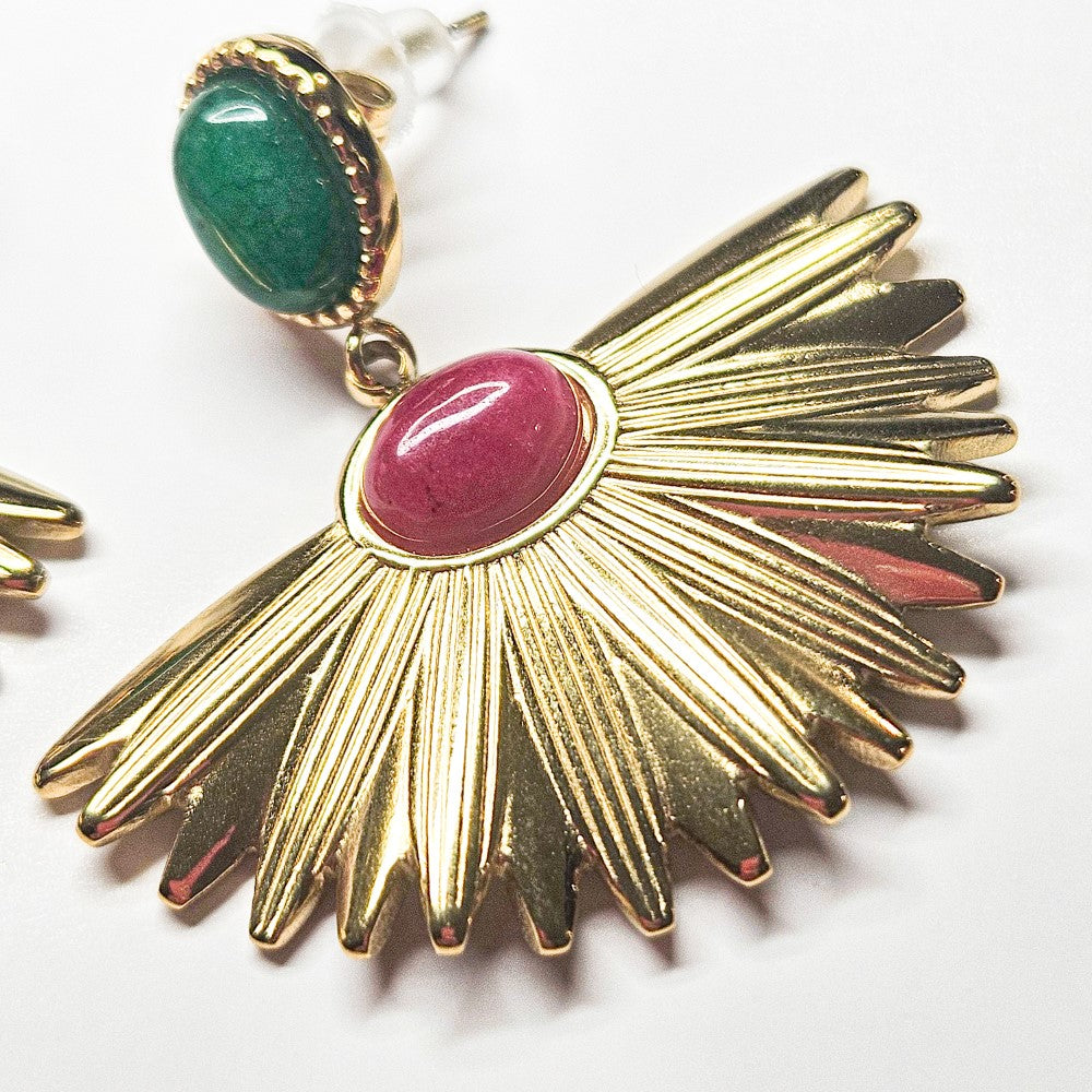 Boucles d'oreilles SIRAH  fleur avec perle verte et fuchsia