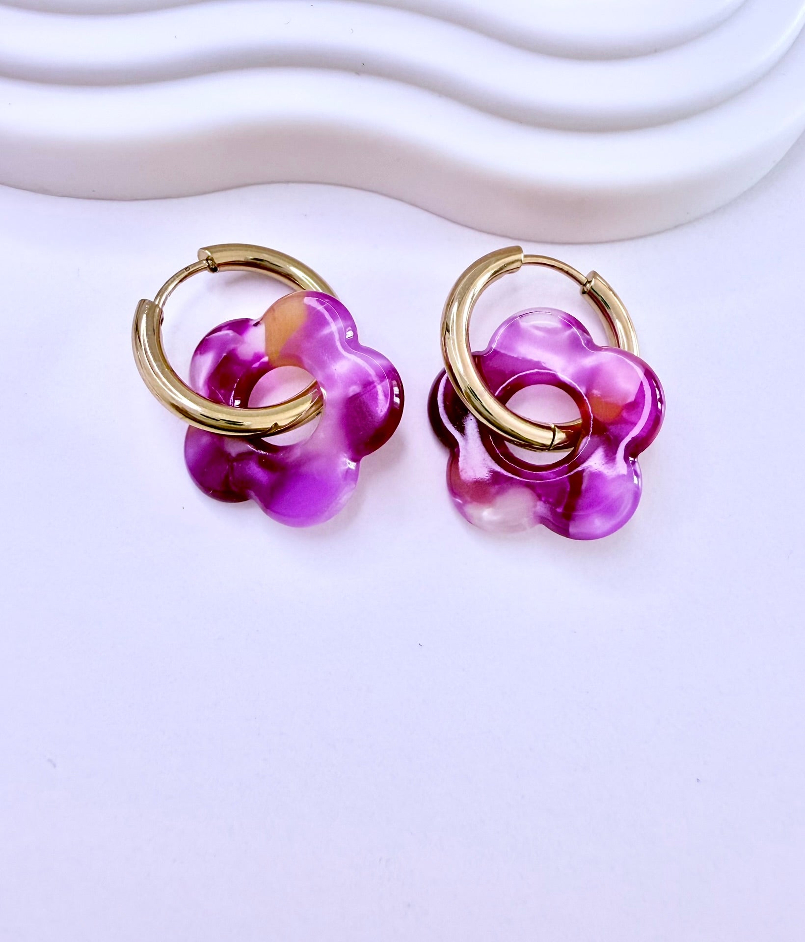 Boucles d'oreilles Marcelline roses fuchsia et orange avec pampille fleur