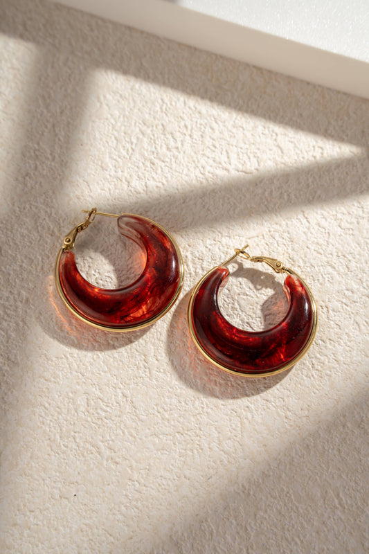 Marbled Resin Creoles Stainless Steel Natural Elegance: Red