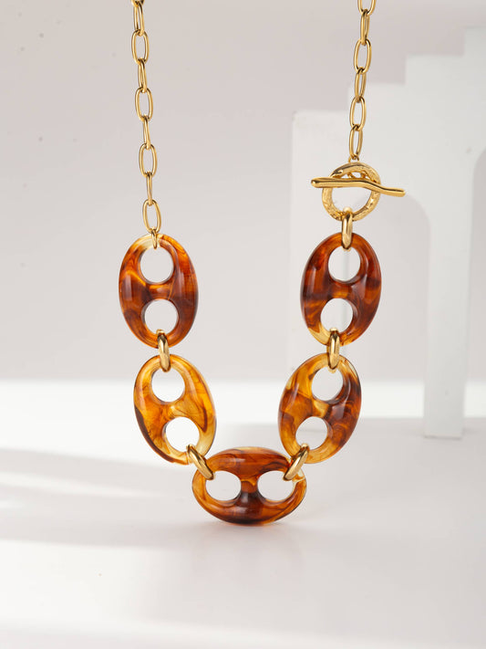 Resin and Stainless Steel Link Necklace Vintage Elegance: Brown