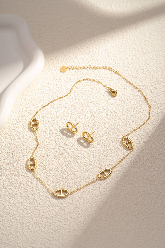 Oval pattern necklace and earring set in stainless steel