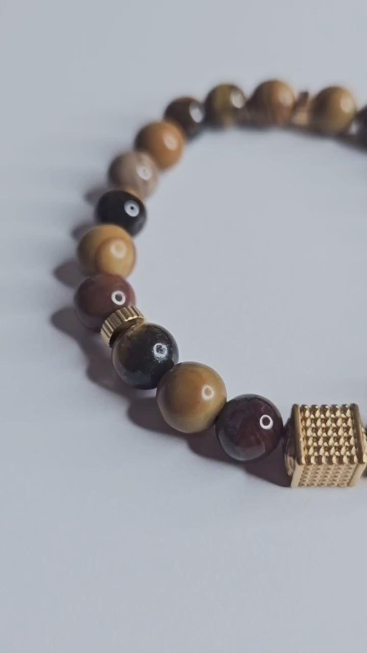 Bracelet homme Œil de tigre – Bois fossile – Agate fossile : protection, stabilité, équilibre