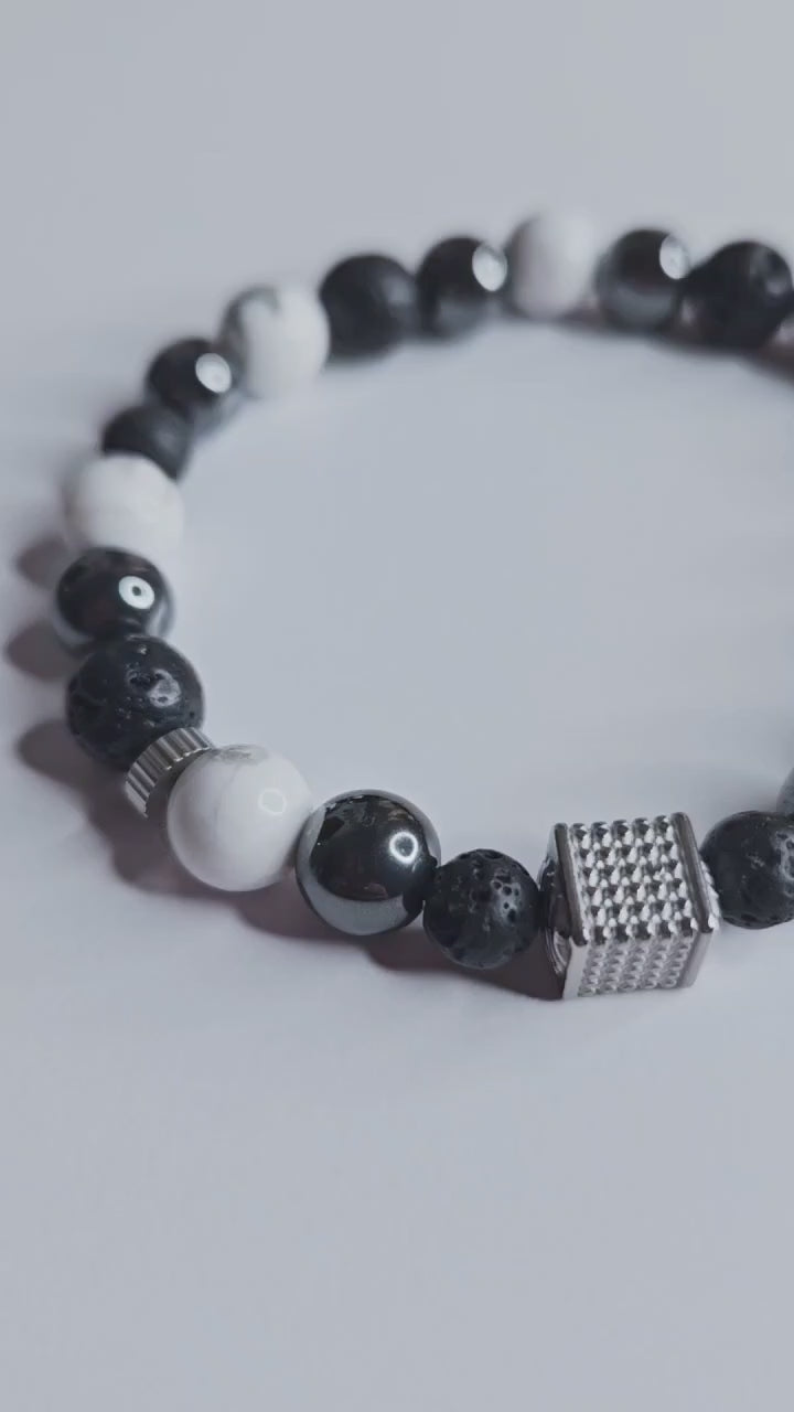 Bracelet homme hématite - howlite - pierre de lave : ancrage, calme, stabilité